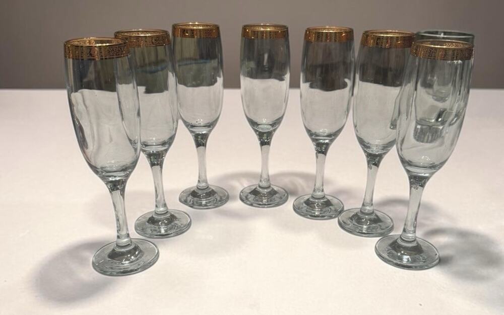 Vtg. Cellini Italy 6 Crystal Fluted Champagne Glasses. 24 Gold Rim